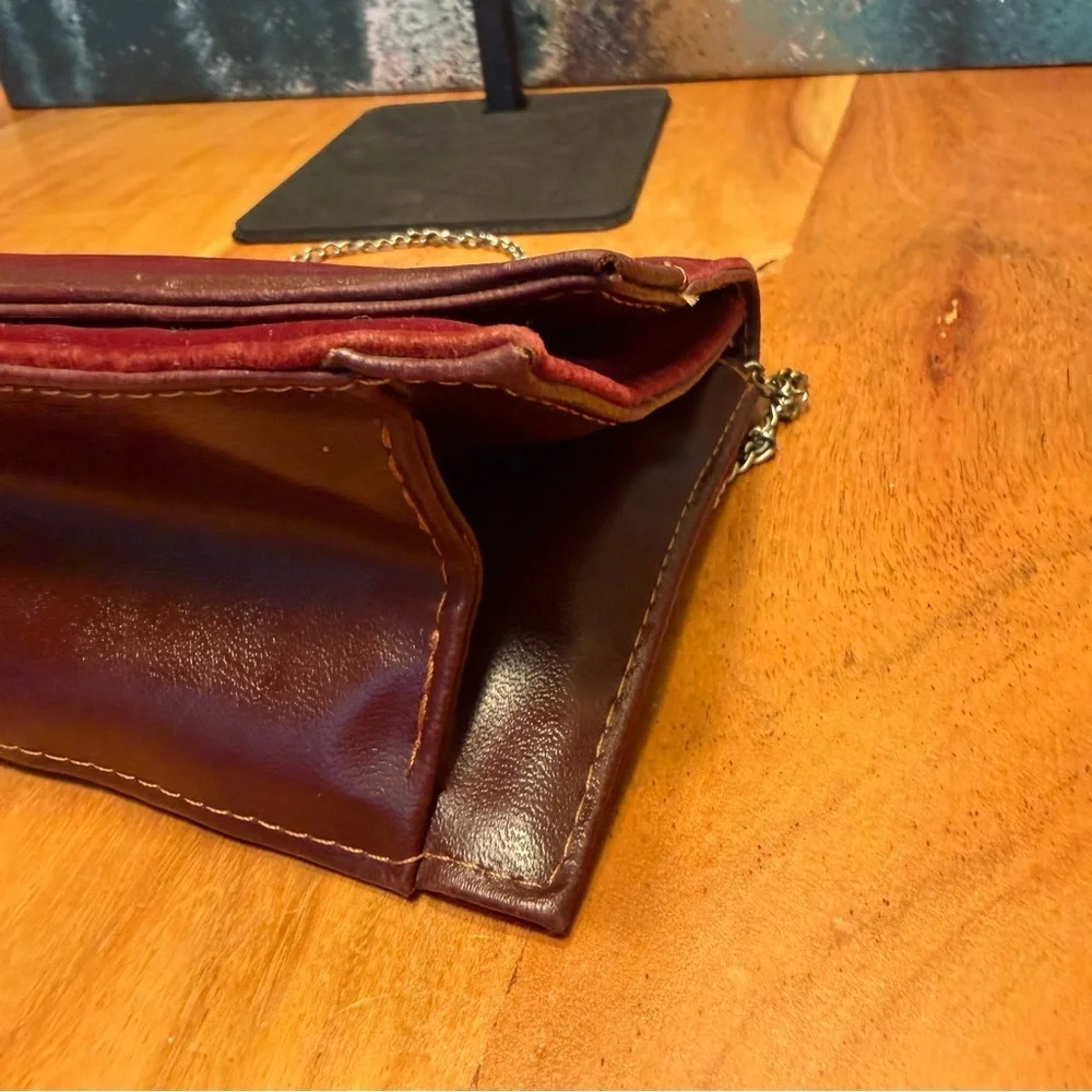 Vintage 1970s Archival Burgundy Velvet and Leather-Look‎ Geometric Clutch